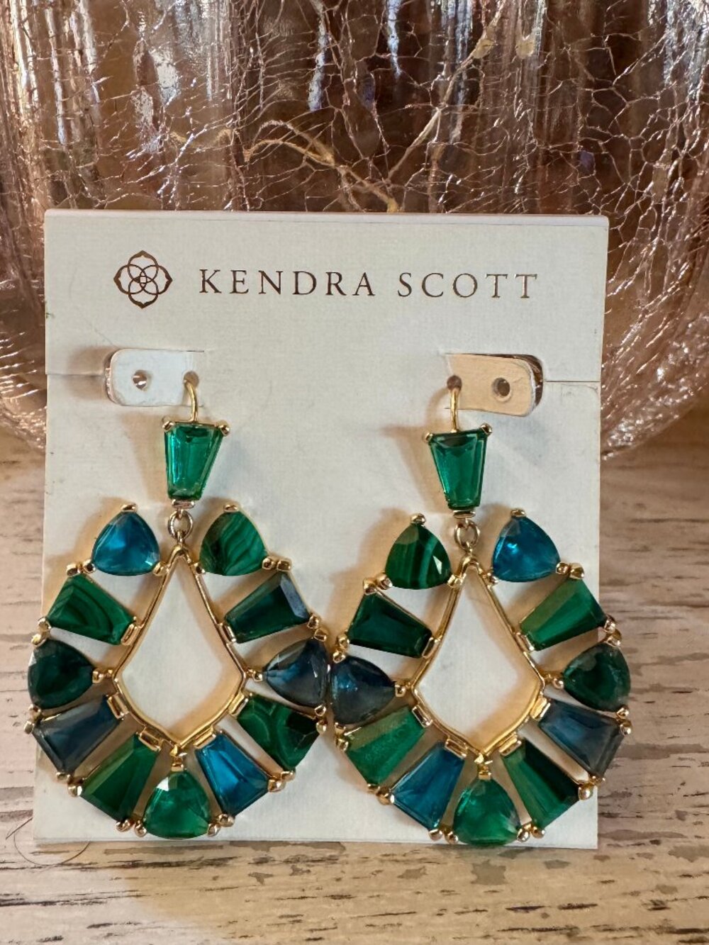 RARE: Kendra Scott Blair Jewel Open Frame Statement Earrings - Emerald/Gold mix